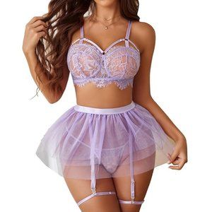 Lilac Lace Garter Lingerie Mesh Mini Skirt Nightwear Babydoll